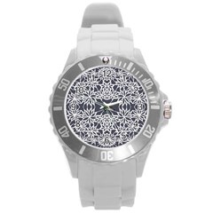 Blue White Lace Flower Floral Star Round Plastic Sport Watch (l) by Mariart