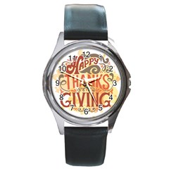 Happy Thanksgiving Sign Round Metal Watch