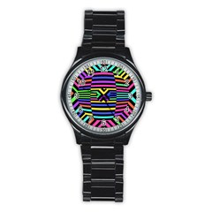 Optical Illusion Line Wave Chevron Rainbow Colorfull Stainless Steel Round Watch