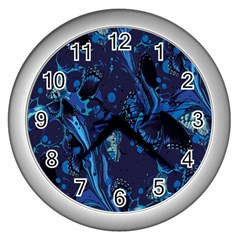 Pattern Butterfly Blue Stone Wall Clocks (silver)  by Mariart