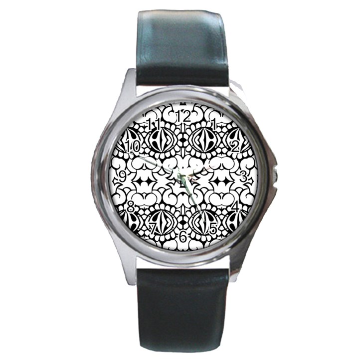 Psychedelic Pattern Flower Crown Black Flower Round Metal Watch