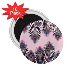 Peacock Feather Pattern Pink Love Heart 2 25  Magnets (10 Pack) 