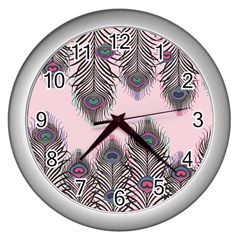 Peacock Feather Pattern Pink Love Heart Wall Clocks (silver) 