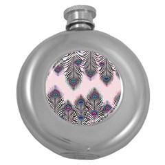 Peacock Feather Pattern Pink Love Heart Round Hip Flask (5 Oz)