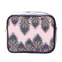 Peacock Feather Pattern Pink Love Heart Mini Toiletries Bags