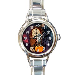 Funny Mummy With Skulls, Crow And Pumpkin Round Italian Charm Watch by FantasyWorld7