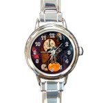 Funny Mummy With Skulls, Crow And Pumpkin Round Italian Charm Watch