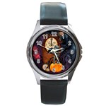 Funny Mummy With Skulls, Crow And Pumpkin Round Metal Watch