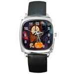 Funny Mummy With Skulls, Crow And Pumpkin Square Metal Watch