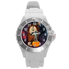 Funny Mummy With Skulls, Crow And Pumpkin Round Plastic Sport Watch (l) by FantasyWorld7