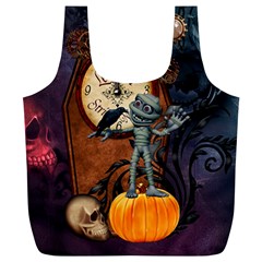 Funny Mummy With Skulls, Crow And Pumpkin Full Print Recycle Bags (l)  by FantasyWorld7