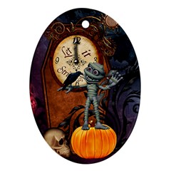 Funny Mummy With Skulls, Crow And Pumpkin Oval Ornament (two Sides) by FantasyWorld7
