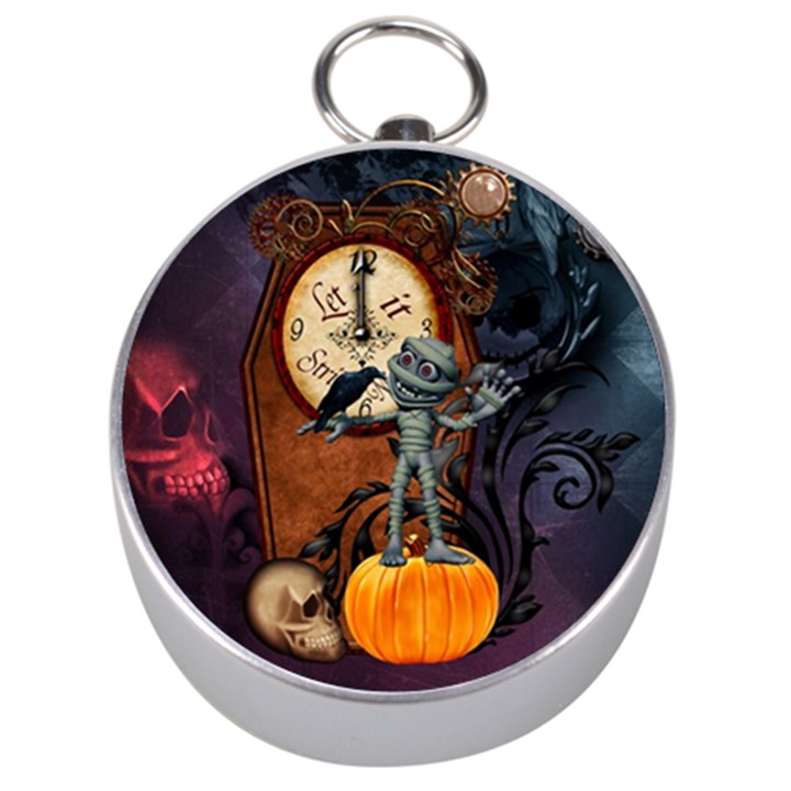 Funny Mummy With Skulls, Crow And Pumpkin Silver Compasses