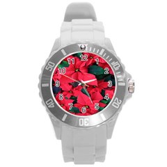 Red Poinsettia Flower Round Plastic Sport Watch (l)