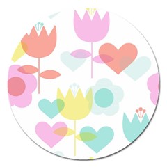 Tulip Lotus Sunflower Flower Floral Staer Love Pink Red Blue Green Magnet 5  (round) by Mariart