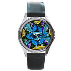 Star Polka Natural Blue Yellow Flower Floral Round Metal Watch by Mariart