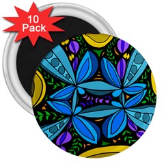 Star Polka Natural Blue Yellow Flower Floral 3  Magnets (10 Pack) 