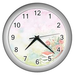 Romantic Watercolor Books And Flowers Wall Clocks (silver) 