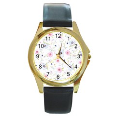 Floral Cute Girly Pattern Round Gold Metal Watch by paulaoliveiradesign