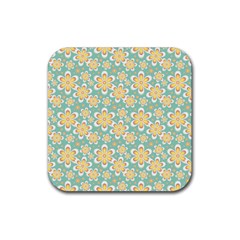Seamless Pattern Blue Floral Rubber Coaster (square)  by paulaoliveiradesign