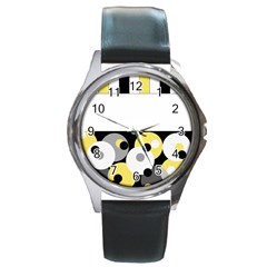 Black, Gray, Yellow Stripes And Dots Round Metal Watch by digitaldivadesigns