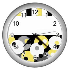 Black, Gray, Yellow Stripes And Dots Wall Clocks (silver)  by digitaldivadesigns