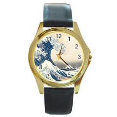 The Classic Japanese Great Wave Off Kanagawa By Hokusai Round Gold Metal Watch