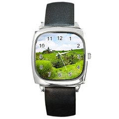 Bali Rice Terraces Landscape Rice Square Metal Watch by Nexatart