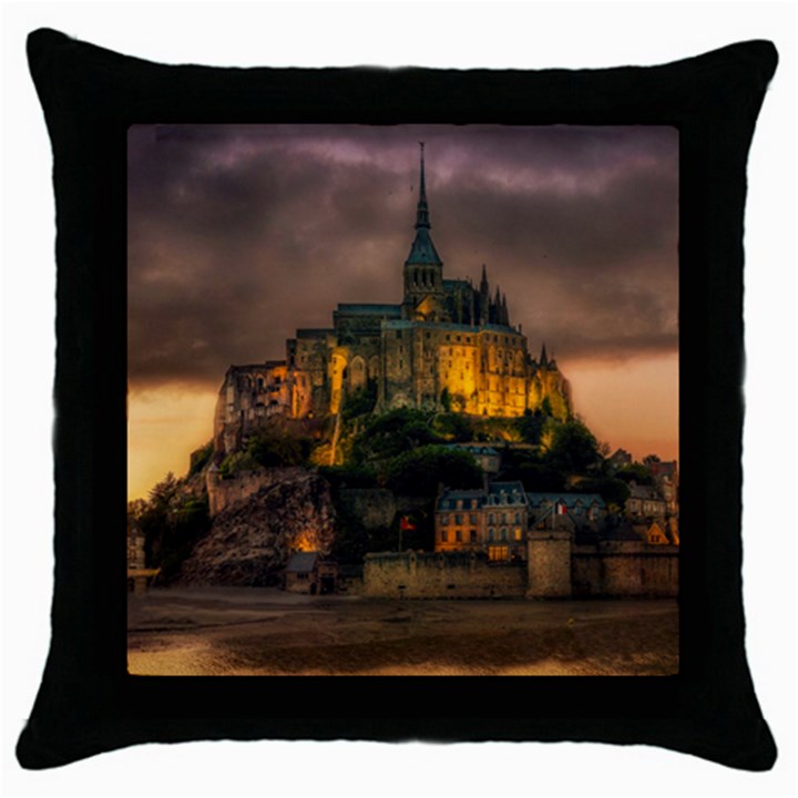 Mont St Michel Sunset Island Church Throw Pillow Case (Black)