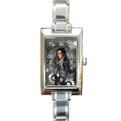 Steampunk, Steampunk Lady, Clocks And Gears In Silver Rectangle Italian Charm Watch by FantasyWorld7