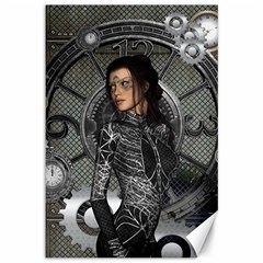Steampunk, Steampunk Lady, Clocks And Gears In Silver Canvas 12  X 18   by FantasyWorld7