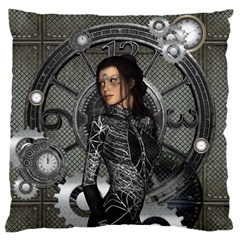 Steampunk, Steampunk Lady, Clocks And Gears In Silver Large Flano Cushion Case (one Side) by FantasyWorld7