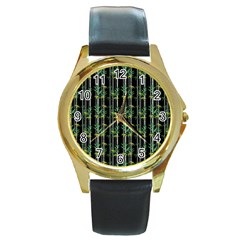 Bamboo Pattern Round Gold Metal Watch