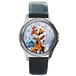 Christmas, Giraffe In Love With Christmas Hat Round Metal Watch Front