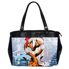 Christmas, Giraffe In Love With Christmas Hat Office Handbags (2 Sides)  by FantasyWorld7