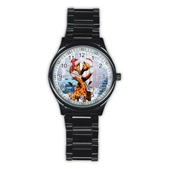 Christmas, Giraffe In Love With Christmas Hat Stainless Steel Round Watch by FantasyWorld7