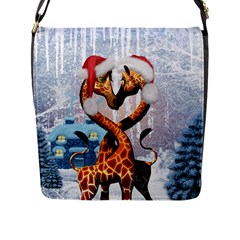 Christmas, Giraffe In Love With Christmas Hat Flap Messenger Bag (l)  by FantasyWorld7