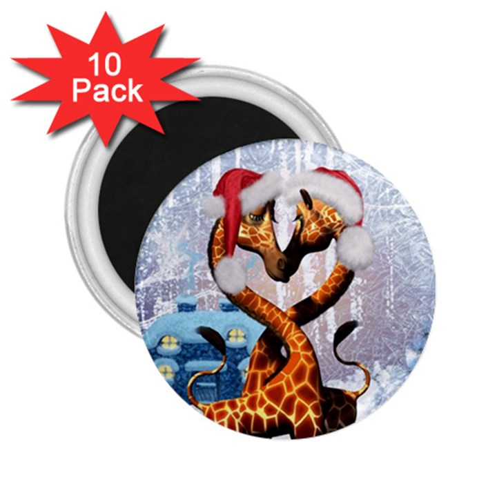 Christmas, Giraffe In Love With Christmas Hat 2.25  Magnets (10 pack) 