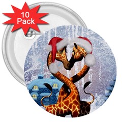 Christmas, Giraffe In Love With Christmas Hat 3  Buttons (10 Pack)  by FantasyWorld7