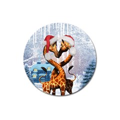 Christmas, Giraffe In Love With Christmas Hat Magnet 3  (round) by FantasyWorld7