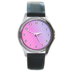 Diagonal Pink Stripe Gradient Round Metal Watch