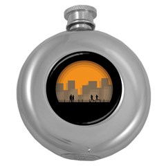 City Buildings Couple Man Women Round Hip Flask (5 Oz) by Nexatart