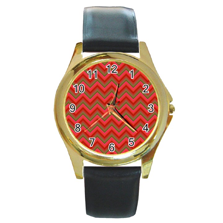 Background Retro Red Zigzag Round Gold Metal Watch