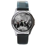 Awesome Wild Black Horses Running In The Night Round Metal Watch