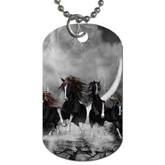 Awesome Wild Black Horses Running In The Night Dog Tag (one Side) by FantasyWorld7