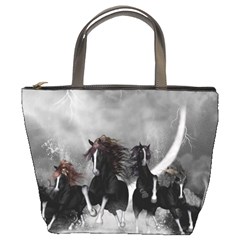 Awesome Wild Black Horses Running In The Night Bucket Bags by FantasyWorld7