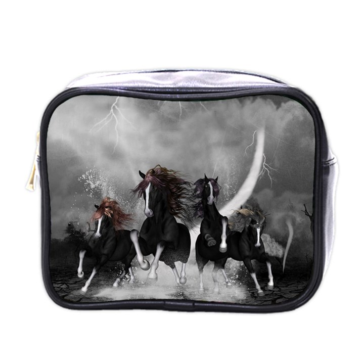 Awesome Wild Black Horses Running In The Night Mini Toiletries Bags