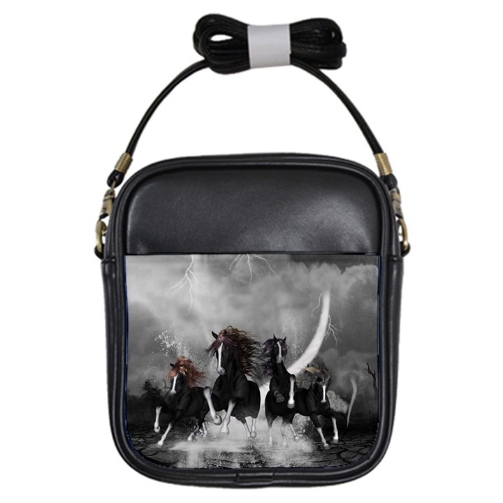 Awesome Wild Black Horses Running In The Night Girls Sling Bags
