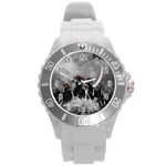 Awesome Wild Black Horses Running In The Night Round Plastic Sport Watch (L)