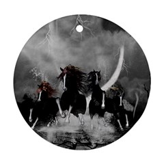 Awesome Wild Black Horses Running In The Night Round Ornament (two Sides) by FantasyWorld7